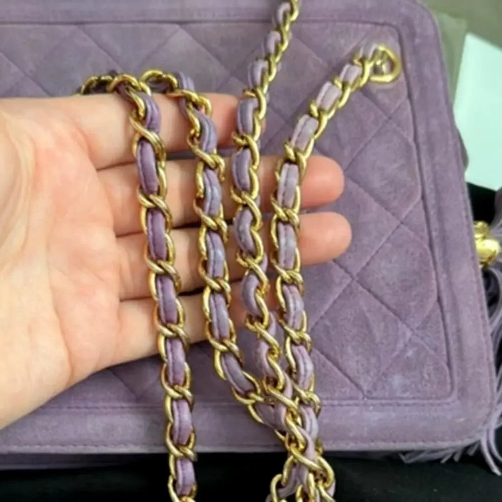 CHANEL Vintage Purple Quilted Suede Chain Link Shoulder Bag CC Logo Tassel Charm